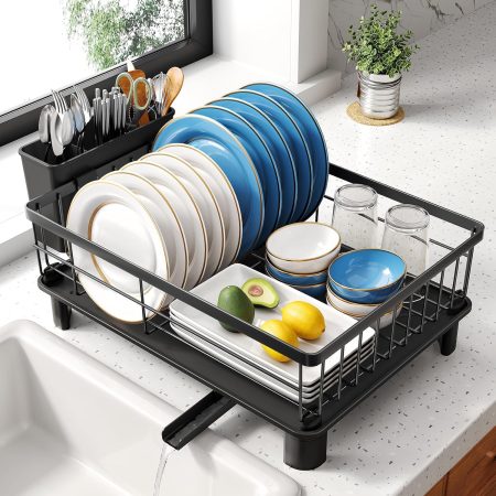 Black stainless steel countertop dish drying rack with chopstick holder